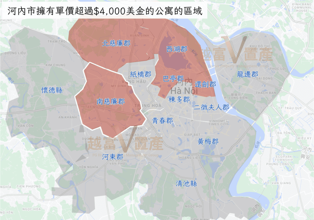 【河內房價分佈】河內市擁有超過單價$4000房產的區域