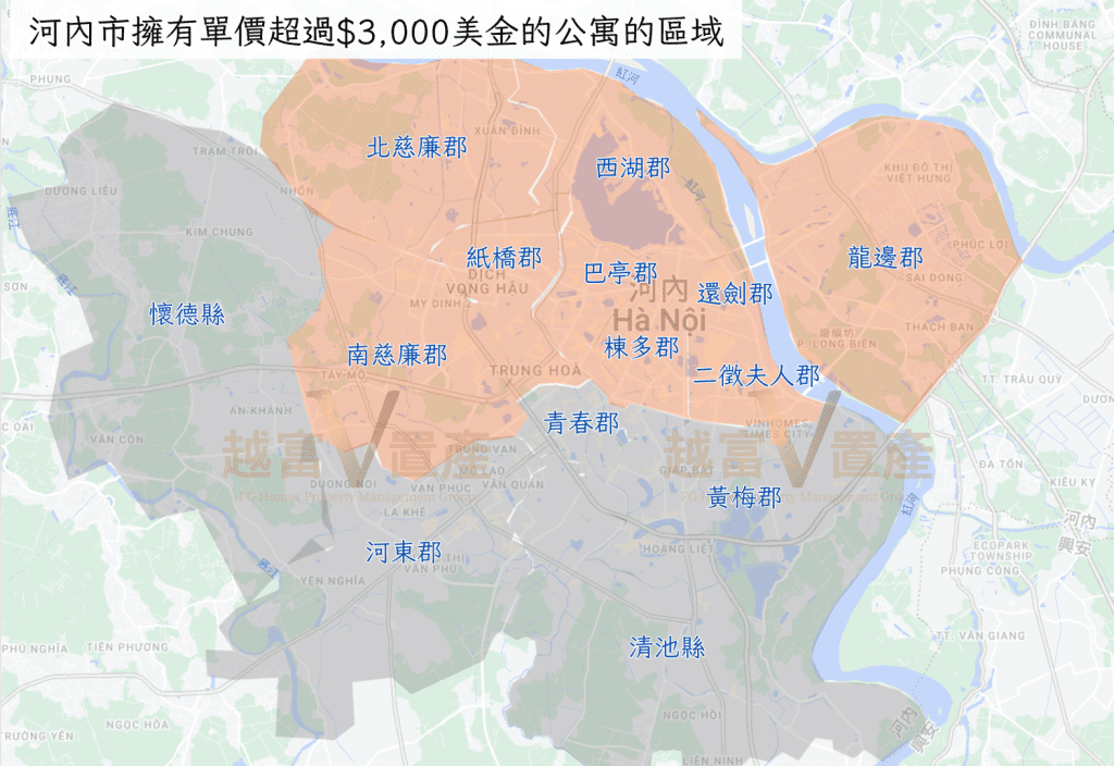 【河內房價分佈】擁有超過$3000美金房產的河內區域